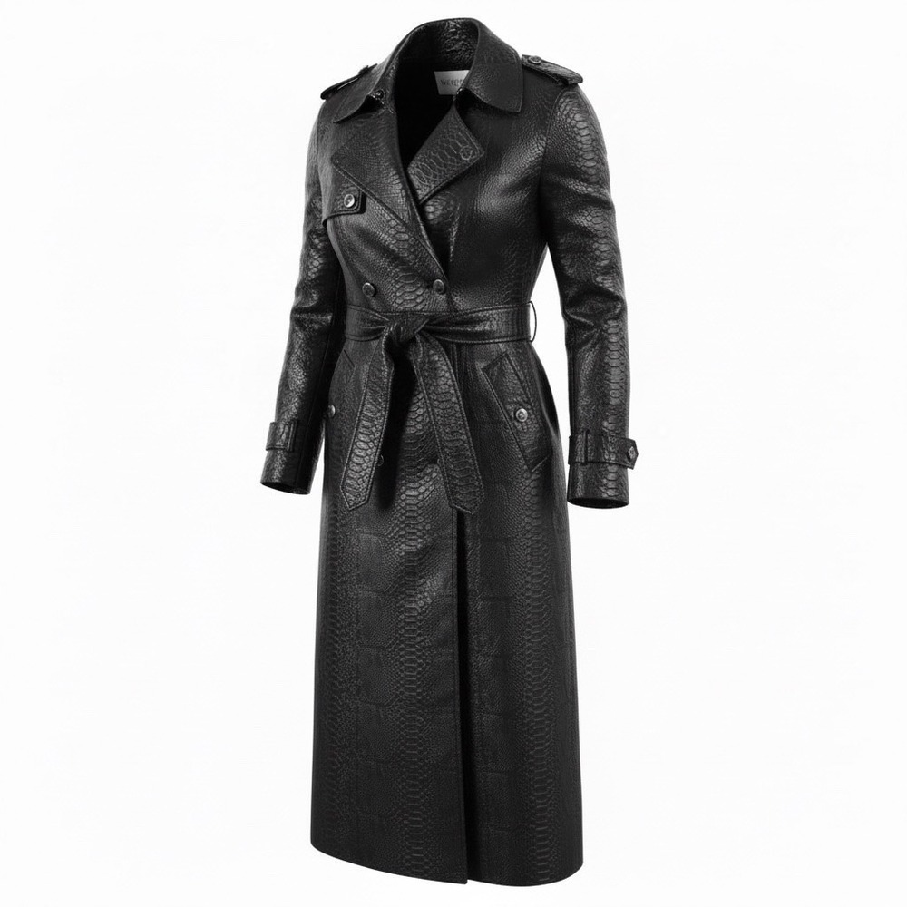 Vtg 80s KENN SPORN for WIPPETTE Black Vinyl‎ Croc Trench Coat Matrix Glam Sz M